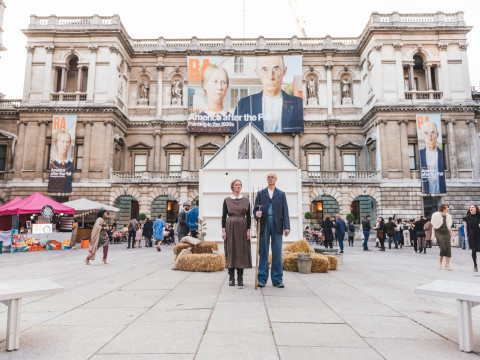 A recreation of Grant Wood's 'American Gothic' at RA Lates: America Dreaming, 2017.