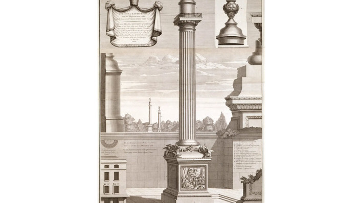 Christopher Wren, The Monument, London, 1723 (crop)