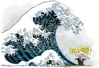 'GOP and the tide of public opinion', by Daryl Cagle, 2013. Cartoon in response to the Republican National Committee's unanimous resolution to uphold the definition of marriage as between one man and one woman, April 2013.
