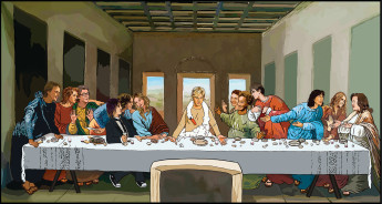 Bronwyn Lundberg, Lesbian Last Supper. L-R: Jane Lynch, Sandra Bernhard, Rachel Maddow, Linda Perry, Shane McCutcheon as Judas, Portria de Rossi, Ellen Degeneres, Heather Matarazzo, Wanda Sykes, KD Lang, Lily Tomlin, Melissa Etheridge, and Rosie O'Donnell