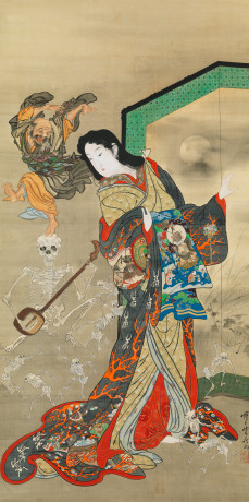 Kawanabe Kyōsai, Hell Courtesan (Jigoku-dayū), dancing Ikkyū and skeletons