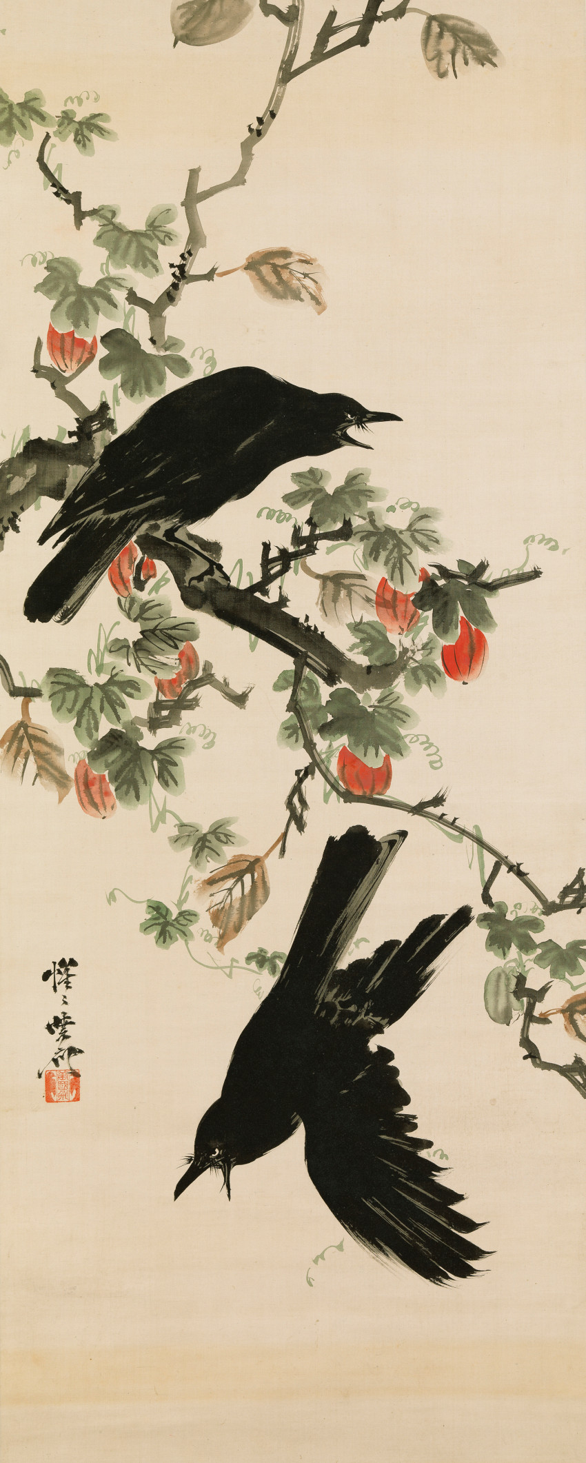 Kawanabe Kyōsai, Two Crows with ‘Crow Gourd’ (karasu–uri)